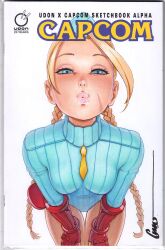 Rule 34 | 1girl, blonde hair, blue eyes, braid, breasts, cammy white, hat, heart, heart-shaped pupils, highres, incoming kiss, leotard, lips, long sleeves, medium breasts, necktie, omar dogan, puckered lips, pursed lips, street fighter, street fighter zero (series), symbol-shaped pupils, udon entertainment, white background