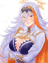 1girl baldr_(fire_emblem_heroes) breasts cape cleavage fire_emblem fire_emblem_heroes gloves halo herdwicoco heterochromia highres large_breasts long_hair looking_at_viewer multicolored_hair nintendo orange_cape orange_hair orange_streaks red_eyes ringlets single_hair_streak solo streaked_hair two-tone_hair white_gloves white_hair yellow_eyes