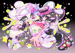 2girls absurdly_long_hair black_background black_dress black_hair black_haori black_shoes bow-shaped_hair breasts callie_(alterna)_(splatoon) callie_(splatoon) cat cross-shaped_pupils dress earrings full_body geta gradient_background grey_hair grey_kimono grey_pupils haori highres inkling japanese_clothes jewelry judd_(splatoon) kimono long_hair long_pointy_ears looking_at_viewer marie_(kimono)_(splatoon) marie_(splatoon) mole mole_under_eye multiple_girls nintendo obi obiage obijime octarian_(enemy) octotrooper official_alternate_costume one_eye_closed open_mouth orange_eyes pantyhose pointy_ears print_kimono sample_watermark sash seigaiha shoes short_hair small_breasts smile splatoon_(series) splatoon_2 splatoon_3 strapless strapless_dress swept_bangs symbol-shaped_pupils tabi tentacle_hair twintails two-tone_background very_long_hair watermark white_background white_pantyhose xiaoyunatie