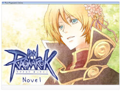 Rule 34 | 1boy, bell, blonde hair, blue eyes, brown capelet, capelet, commentary request, cover, cover page, flower, gold trim, hair bell, hair between eyes, hair flower, hair ornament, hair ribbon, jingle bell, looking afar, male focus, micoto, novel cover, open mouth, pink flower, purple ribbon, ragnarok online, red shirt, ribbon, shirt, short hair, solo, upper body, window (computing), wizard (ragnarok online)