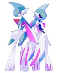 arm_blade armor artist_name back-to-back gallade gen_4_pokemon green_hair iron_valiant joints nintendo pink_eyes pokemon pokemon_(creature) robot robot_joints simple_background sorashiramu waist_cape weapon white_armor white_background