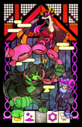 3boys animal_ears animal_hands animal_nose arm_up bird black_border black_eyes black_fur blue_eyes blue_fur body_fur border claws closed_mouth colored_sclera dog_ears fezandipiti free_butterfree full_body furry green_fur half-closed_eyes hand_up happy highres holding looking_at_viewer multiple_boys multiple_others munkidori nintendo okidogi open_mouth orange_eyes pawpads pokemon pokemon_(creature) sharp_teeth smile snout stained_glass standing teeth tongue tongue_out two-tone_fur yellow_sclera
