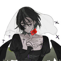 Rule 34 | 1girl, alien stage, alternate costume, black choker, black dress, black hair, black wings, chinese commentary, choker, closed mouth, commentary request, cross, demon wings, dress, flower, flower choker, hand on own chest, highres, juliet sleeves, long sleeves, looking to the side, medium hair, neck flower, partial commentary, puffy sleeves, purple eyes, red flower, see-through clothes, see-through veil, sketch, solo, sua (alien stage), tuxiaoning not, upper body, veil, wings