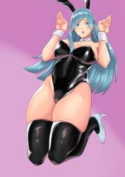 1girl animal_ears bare_shoulders bazz-b5297 black_hair black_leotard blonde_hair blue_eyes blue_footwear blush breasts detached_collar diagonal_bangs fake_animal_ears full_body hands_up high_heels highleg highleg_leotard highres jujutsu_kaisen jumping knees_together_feet_apart large_breasts leotard long_hair miwa_kasumi open_mouth playboy_bunny purple_background rabbit_ears rabbit_pose skindentation solo strapless strapless_leotard thighhighs very_long_hair wrist_cuffs