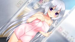 Rule 34 | 1girl, after bathing, bare shoulders, bathroom, blush, breasts, collarbone, cowboy shot, dutch angle, eyes visible through hair, fang, fingernails, fuyuichi monme, game cg, grey hair, grin, hair between eyes, hair down, hand up, happy, highres, indoors, large breasts, long hair, looking at viewer, naked towel, official art, promotional art, purple eyes, ren&#039;ai hajimemashite, sidelocks, smile, solo, steam, straight hair, tenshi-chan (ren&#039;ai hajimemashite), towel, very long hair, wet, wet hair