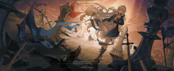 1girl absurdres aqua_eyes bird blonde_hair blue_dress chess_piece commission dress english_text full_body highres long_hair looking_at_viewer original smile solo sword watermark weapon yan_zi_yao_yu