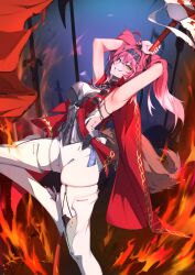 1girl arm_up armor armpits bodysuit boots breastplate breasts colored_tips commentary fingernails grin hair_between_eyes hair_ornament hairband highres holding holding_polearm holding_weapon large_breasts long_hair looking_at_viewer lupa_(wuthering_waves) metal_hairband multicolored_hair onshigou pink_hair polearm smile solo tacet_mark_(wuthering_waves) tail thigh_boots weapon white_bodysuit white_boots white_hair wolf_tail wuthering_waves yellow_eyes