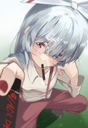 1girl bow cigarette fujiwara_no_mokou hair_bow hair_ribbon highres long_hair long_sleeves looking_at_viewer maaakaronii pants pov red_eyes ribbon shirt smoking solo squatting suspenders touhou valentine white_hair white_shirt