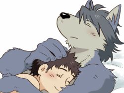 2boys animal_ears closed_eyes closed_mouth commentary_request dog_boy dog_ears furry furry_male hiroyuki_nishimura_(morenatsu) hug kouya_aotsuki lying male_focus morenatsu multiple_boys on_back on_bed on_person shirako_(kirupi) sleeping topless_male white_background yaoi