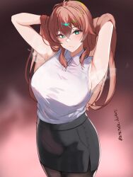 1girl absurdres ananda_hikari aqua_eyes armpits arms_behind_head artist_name azur_lane black_pantyhose black_skirt blue_eyes breasts brown_hair closed_mouth collared_shirt crossed_bangs highres impero_(azur_lane) impero_(drunken_drowsy_dreamer)_(azur_lane) large_breasts long_hair looking_at_viewer office_lady official_alternate_costume pantyhose pencil_skirt shirt skirt sleeveless sleeveless_shirt solo steaming_body white_shirt