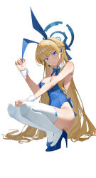 1girl absurdres animal_ears baihua-y blonde_hair blue_archive blue_eyes blue_halo blue_leotard blue_shoes braid breasts closed_mouth commentary covered_navel detached_collar earpiece fake_animal_ears full_body grabbing_another&#039;s_ear half_up_braid halo hand_on_another&#039;s_ear hand_up high_heels highres leotard long_hair looking_at_viewer medium_breasts official_alternate_costume rabbit_ears shoes simple_background smile solo squatting strapless strapless_leotard thighhighs toki_(blue_archive) toki_(bunny)_(blue_archive) very_long_hair white_background white_thighhighs wristband