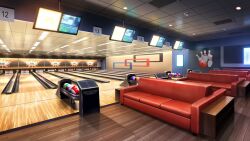 ball bowling_alley bowling_ball bowling_pin ceiling ceiling_light couch highres monitor no_humans non-web_source official_art our_life:_beginnings_and_always scenery table tile_ceiling tiles wooden_floor