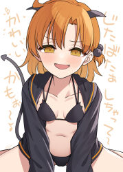 Rule 34 | 1girl, bikini, binsen, black bikini, black jacket, blush, breasts, cameltoe, collarbone, demon horns, demon tail, fangs, hair bobbles, hair ornament, highres, horns, idolmaster, idolmaster million live!, jacket, long sleeves, looking at viewer, navel, open clothes, open jacket, open mouth, orange hair, short hair, simple background, sitting, solo, swimsuit, tail, white background, yabuki kana, yellow eyes
