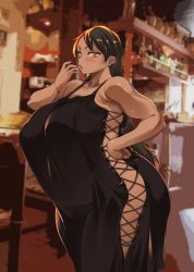 1girl blurry blurry_background blush breasts brown_hair covered_erect_nipples cross-laced_clothes cross-laced_dress dark-skinned_female dark_skin dress ear_piercing erect_sawaru eyeliner feet_out_of_frame female_focus hand_on_own_hip hand_up highres huge_breasts indoors komugi_hada_oyakodon_~minami_no_shima_de_muchimuchi_oyako_to_yarimakuri_seikatsu!~ legs long_hair looking_at_viewer makeup mature_female mole mole_under_eye mole_under_mouth open_mouth orange_eyes original piercing plump puffy_nipples solo standing thighs
