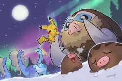 Rule 34 | amaura, aurora, aurorus, brown fur, closed eyes, full moon, gen 1 pokemon, gen 2 pokemon, gen 4 pokemon, gen 6 pokemon, mamoswine, moon, night, nintendo, no humans, open mouth, outdoors, pikachu, pokemon, pokemon (creature), signature, snow, squeegool, swinub, tusks, yellow fur