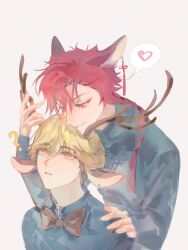 2boys ? absurdres animal_ears antlers black_shirt blonde_hair bow bowtie braid braided_ponytail brown_bow brown_bowtie brown_hair chin_rest chinese_commentary deer_antlers deer_boy deer_ears earrings hair_between_eyes hand_on_another&#039;s_shoulder head_on_head head_rest heart highres holding_another&#039;s_horns horns jewelry kemonomimi_mode long_hair long_sleeves looking_at_another male_focus multicolored_hair multiple_boys orange_eyes parted_lips red_eyes red_hair shiguang_dailiren shirt short_hair simple_background single_braid single_earring smile speech_bubble spoken_heart tassel tassel_earrings turtleneck upper_body xia_fei xiao_weiying yaoi you_yeyou0904