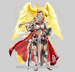 1girl abs arm_shield bilingual_commentary bird black_gloves breasts company_name dagr_(fire_emblem) dagr_(sunny_bloom)_(fire_emblem) emblem feather_trim fire_emblem fire_emblem_heroes full_body gladiator_sandals gloves glowing glowing_animal grey_background grey_hair holding holding_sword holding_weapon lips looking_at_viewer medium_breasts mixed-language_commentary muscular muscular_female navel nintendo official_alternate_costume official_art pelvic_curtain sandals sheath shield short_hair smile solo sword tachi-e weapon yamada_koutarou