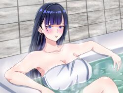 Rule 34 | 1girl, bathroom, bathtub, breasts, cleavage, closed mouth, collarbone, commentary request, earrings, highres, honkai (series), honkai impact 3rd, jewelry, large breasts, large variant set, long hair, mordrex art, naked towel, purple eyes, purple hair, raiden mei, raiden mei (apho), solo, steam, towel, variant set, very long hair