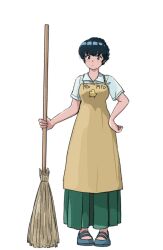 Rule 34 | 1girl, apron, blue eyes, blue hair, braid, broom, chick print, collared dress, crown braid, dress, highres, holding, holding broom, maison ikkoku, non-web source, otonashi kyouko, poppowerhearts, print apron, simple background, solo, white background