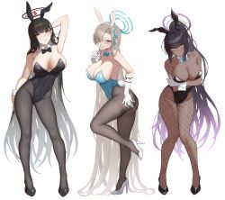 Rule 34 | 3girls, absurdres, alternate costume, animal ears, aqua bow, aqua bowtie, aqua eyes, aqua halo, arm up, armpits, asuna (blue archive), asuna (bunny) (blue archive), bare shoulders, black bow, black bowtie, black hair, black leotard, black pantyhose, black shoes, blue archive, blue leotard, blush, bow, bowtie, breasts, cleavage, closed mouth, covered navel, detached collar, elbow gloves, eyes visible through hair, fake animal ears, fake tail, fishnet pantyhose, fishnets, full body, gloves, hair ornament, hair over one eye, hairband, halo, high heels, highleg, highleg leotard, highres, karin (blue archive), karin (bunny) (blue archive), large breasts, leotard, long hair, multiple girls, official alternate costume, pantyhose, parted lips, playboy bunny, purple halo, rabbit ears, rabbit tail, red eyes, rio (blue archive), shoes, simple background, smile, standing, tail, thighband pantyhose, thighs, white background, white gloves, white hairband, white shoes, wrist cuffs, yellow eyes, yukiaka
