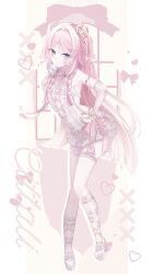 Rule 34 | 1girl, alternate costume, anninufufu, bare shoulders, blue eyes, blush, breasts, citlali (genshin impact), cleavage, closed mouth, clothing request, commentary, elbow gloves, fingerless gloves, frilled thigh strap, genshin impact, gloves, hand on own hip, high heels, highres, holding, long hair, looking at viewer, medium breasts, pink hair, pink pupils, sideboob, solo, thigh strap, two side up, very long hair, white footwear, white gloves