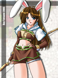 1girl 2000s_(style) 2005 animal_ears artist_name blue_eyes blush bow_(weapon) breasts brown_gloves brown_hair brown_shirt brown_shorts brown_skirt closed_mouth commentary_request cowboy_shot crop_top cropped_jacket elbow_gloves fake_animal_ears fingerless_gloves gloves hand_on_own_hip holding holding_bow_(weapon) holding_weapon hunter_(ragnarok_online) jacket lips long_hair looking_at_viewer medium_breasts midriff miniskirt navel rabbit_ears ragnarok_online shirt short_sleeves shorts shorts_under_skirt skirt smile solo tatsumi_ray weapon white_jacket