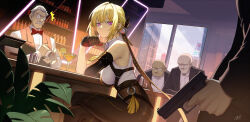 1girl 3boys bar_(place) bartender black_gloves black_pants black_vest blonde_hair bow bowtie chest_harness cocktail_glass cocktail_shaker collared_shirt crossed_arms cup drinking_glass elbow_gloves evelyn_chevalier glock gloves gun handgun harness high-waist_pants highres holding holding_cocktail_shaker holding_gun holding_weapon indoors mi_(630956686) multiple_boys necktie pants purple_hair red_bow red_bowtie ring_hair_ornament shirt single_elbow_glove sitting tight_clothes tight_pants vest weapon white_hair white_shirt yellow_necktie zenless_zone_zero