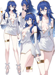 1girl :d alternate_costume ameno_(a_meno0) bare_shoulders blue_eyes blue_hair blue_nails blush brand_of_the_exalt breasts center_opening closed_mouth collarbone commentary cup detached_sleeves drinking_glass earrings fire_emblem fire_emblem_awakening hair_between_eyes holding holding_cup jewelry long_hair long_sleeves looking_at_viewer lucina_(fire_emblem) multiple_views navel nintendo open_mouth small_breasts smile symbol_in_eye thighlet white_background wine_glass