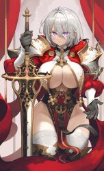 1girl armor black_gloves breast_curtains breasts choker cleavage closed_mouth commentary commission cross cross_choker curtains gloves grey_hair hair_intakes highleg highleg_leotard highres jun_(navigavi) kneeling large_breasts leotard looking_at_viewer original pauldrons pelvic_curtain photoshop_(medium) planted planted_sword planted_weapon puffy_sleeves purple_eyes red_sleeves short_hair shoulder_armor skeb_commission solo sword thighhighs weapon white_thighhighs