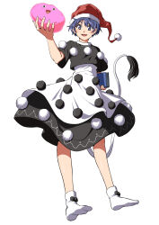 1girl :d black_dress black_shirt blush book commentary_request doremy_sweet dream_soul dress full_body hat highres holding holding_book inuno_rakugaki looking_at_viewer nightcap no_shoes open_mouth pom_pom_(clothes) purple_eyes purple_hair red_hat shirt short_hair short_sleeves simple_background smile socks solo standing tail touhou two-tone_dress white_background white_dress white_socks