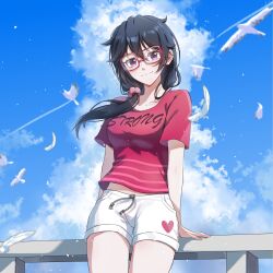 Rule 34 | 1girl, alternate costume, arms at sides, bambietta basterbine, bespectacled, bird, black hair, bleach, bleach: sennen kessen-hen, blue sky, breasts, casual, closed mouth, clothes writing, cloud, commentary, cowboy shot, cumulonimbus cloud, day, deadman70232800, english text, eyelashes, falling feathers, feathers, floating hair, glasses, hair between eyes, heart, heart print, highres, long hair, looking at viewer, low ponytail, medium breasts, midriff peek, navel, no headwear, outdoors, pink-framed eyewear, pink shirt, ponytail, print shorts, purple eyes, rectangular eyewear, shirt, short sleeves, shorts, sky, smile, solo, t-shirt, white bird, white shorts, wind