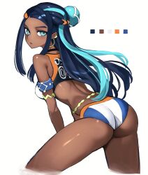 1girl absurdres aqua_hair armband ass back bikini black_choker black_hair blue_eyes breasts choker closed_mouth cropped_legs dark-skinned_female dark_skin earrings from_behind hair_ornament highres hoop_earrings jewelry kasumi_6 leaning_forward looking_back medium_breasts multicolored_hair nessa_(pokemon) nintendo pokemon pokemon_swsh simple_background solo swimsuit thighs two-tone_hair white_background