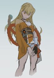 1girl bandaged_arm bandages bare_legs black_gloves blonde_hair chest_sarashi choker collarbone cowboy_shot fingerless_gloves genshin_impact gloves gradient_background hair_between_eyes highres japanese_clothes kimono legs long_hair looking_at_viewer sarashi serpent_(pepepp39) simple_background single_off_shoulder solo upper_body yoimiya_(genshin_impact) yukata