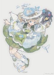 1girl ankle_socks apron blonde_hair blue_eyes blue_flower blue_skirt blunt_bangs bow bracelet bug chinese_commentary circle_skirt colored_skin commentary_request dot_nose dragonfly eyelashes floating_clothes floating_hair floral_print flower flower_skirt frilled_apron frilled_sailor_collar frilled_skirt frilled_socks frills full_body green_apron green_sailor_collar green_shoes green_skirt grey_background guozimiao hair_flower hair_ornament hairclip happy highres insect jewelry jumping long_hair long_sleeves low_twintails mary_janes multicolored_skin open_mouth original plaid_clothes plaid_sailor_collar puffy_long_sleeves puffy_sleeves ribbon-trimmed_apron ribbon_trim sailor_collar shoes simple_background skirt smile socks solo spring_(season) twintails two-tone_skin very_long_hair waist_bow watermark weibo_watermark white_bow white_socks wing_hair_ornament