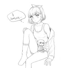 Rule 34 | 1girl, aoba moca, bamboo9545, bang dream!, blush, bow hairband, character doll, choker, closed mouth, commentary request, doll, earrings, greyscale, hairband, jacket, jewelry, korean text, military vehicle, mitake ran, monochrome, motor vehicle, open clothes, open jacket, short hair, sitting, socks, solo, speech bubble, stud earrings, tank, thought bubble, translation request