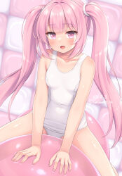 1girl :d arm_support artist_name balloon bare_shoulders blunt_bangs blush breasts collarbone commentary_request covered_navel dot_nose highres indoors long_hair looking_at_viewer old_school_swimsuit on_ball one-piece_swimsuit open_mouth original pink_eyes pink_hair pink_theme sasaame school_swimsuit sidelocks signature small_breasts smile solo straddling swimsuit twintails twitter_username white_one-piece_swimsuit
