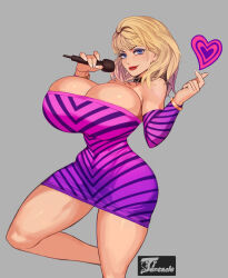 1girl absurdres artist_name blonde_hair blue_eyes blue_eyeshadow bracelet breasts cleavage collar commission dress earrings eyeshadow finger_heart gradient_clothes gradient_dress grey_background hands_up heart highres holding holding_microphone huge_breasts jewelry leg_up lipstick looking_at_viewer makeup microphone pandora_peaks pink_dress pixiv_commission purple_dress real_life red_lips simple_background solo striped_clothes striped_dress ti_tentacle tight_clothes tight_dress two-tone_dress