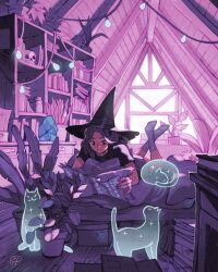 1girl artist_logo bed bedroom black_hat black_ribbon black_shirt blue_gemstone book bookshelf box cat closed_mouth dated feet_up full_body gem ghost glowing_runes hat hat_ribbon highres holding holding_paper indoors jar logo lying medium_hair on_bed on_stomach original paper pillow plant potted_plant purple_hair purple_skirt purple_socks purple_theme reading ribbon runes shirt simz skirt skull slice_of_life socks solo sparkle string_of_light_bulbs window witch_hat wooden_floor