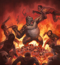 Rule 34 | 100 men vs 1 gorilla (meme), 2girls, 6+boys, absurdres, derivative work, doom (2016), doom (series), doom cover parody, dress shirt, fangs, fiery background, fire, gorilla, hand on another&#039;s neck, hieumay, highres, lifting person, long sleeves, looking at another, male focus, meme, multiple boys, multiple girls, necktie, no eyes, open mouth, original, red theme, shirt, silhouette, skirt, skull, video game cover redraw