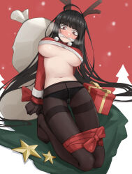 1girl antlers bdsm black_hair black_panties black_pantyhose blue_archive blush bondage bound bound_legs bound_wrists breasts christmas_present crop_top fake_antlers gagged gift highres horns long_hair navel panties panties_under_pantyhose pantyhose red_eyes reindeer_antlers sack sama_(sama24654684) solo thighband_pantyhose tsurugi_(blue_archive) underboob underwear
