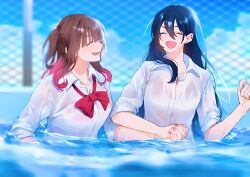 2girls black_hair blue_sky bow bowtie brown_hair chain-link_fence closed_eyes cloud collared_shirt commentary day ear_piercing earrings fence gradient_hair holding_hands interlocked_fingers jewelry ll_446 long_hair multicolored_hair multiple_girls open_mouth original outdoors partially_submerged piercing pool red_bow red_bowtie red_hair shirt sky smile sparkle two_side_up wet wet_clothes wet_shirt white_shirt