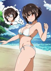 Rule 34 | 1girl, ahoge, beach, bikini, black hair, blue sky, breasts, brown eyes, cleavage, cloud, collared shirt, commentary request, day, glasses, hair bun, hair ornament, hairclip, highres, inset, jimiko, kinako mochi (pixiv100419090), medium breasts, mountainous horizon, navel, ocean, opaque glasses, original, outdoors, parted lips, school uniform, shirt, short hair, side-tie bikini bottom, sky, swimsuit, white bikini, white shirt