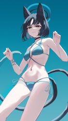 1girl absurdres animal_ears bikini black_choker black_hair blue_archive blue_background blue_bikini blue_halo breasts cat_ears cat_girl cat_tail choker commentary_request gradient_background halo highres kikyou_(blue_archive) kikyou_(swimsuit)_(blue_archive) medium_breasts multiple_tails navel official_alternate_costume short_hair solo stomach swimsuit tail yodistira404