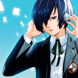 1boy absurdres black_jacket black_ribbon blue_background blue_eyes blue_hair camus_(luthfancamus) collared_shirt commentary earphones english_commentary gekkoukan_high_school_uniform gradient_background hair_between_eyes hands_up highres jacket long_sleeves male_focus neck_ribbon parted_lips persona persona_3 ribbon school_uniform shirt short_hair solo teeth upper_body upper_teeth_only white_shirt yuuki_makoto_(persona_3)