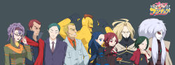 00s 3girls 6+boys adjusting_eyewear anacondy anacondy_(yes!_precure_5) bad_guys blue_hair brown_hair bunbee bunbee_(yes!_precure_5) circulas everyone flexing formal_clothes futari_wa_precure futari_wa_precure_max_heart futari_wa_precure_splash_star glasses kawarino kintoleski kiriya kiriya_(futari_wa_precure) kiryuu_kaoru kiryuu_michiru lipstick long_hair makeup male_focus multiple_boys multiple_girls pisard precure purple_hair scarf scorp shorts suit ukokkei villains yes!_precure_5