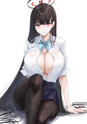 Rule 34 | 1girl, black hair, black pantyhose, blue archive, blue bow, blue bowtie, blush, bow, bowtie, breasts, hair ornament, hairclip, halo, highres, huge breasts, ibara azuki, long hair, looking at viewer, open clothes, open shirt, pantyhose, red eyes, rio (blue archive), school uniform, shirt, simple background, skirt, solo, white background, white shirt