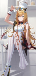 1girl absurdres ahoge bare_shoulders blonde_hair breasts cuffs detached_collar dress escoffier_(genshin_impact) frilled_dress frills full_body genshin_impact green_eyes hat highres llami_0 long_hair looking_at_viewer medium_breasts pouring pouring_onto_self shoes sitting smile solo tail thighhighs very_long_hair white_thighhighs