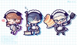 1girl 2boys absurdres apron bandaid bandaid_on_face bandaid_on_forehead black_dress black_shoes blue_bow blue_bowtie blue_hair blush blush_stickers bow bowtie broom brown_eyes brown_hair bucket checkered_background closed_eyes drawn_on_eyes dress earrings flipped_hair food full_body glasses grey_bow grey_bowtie grey_hair grey_pantyhose heart heart_earrings highres holding holding_broom holding_bucket holding_plate holding_spatula jewelry looking_at_viewer maid maid_apron maid_day maid_headdress medium_hair multiple_boys one_eye_closed open_mouth pantyhose persona persona_3 pink_bow pink_bowtie plate po_su_su puffy_short_sleeves puffy_sleeves sanada_akihiko shoes short_hair short_sleeves sparkle spatula standing stud_earrings takeba_yukari thighhighs twitter_username white_apron white_pantyhose white_thighhighs yuuki_makoto_(persona_3) zzz