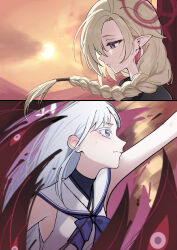 2girls absurdres ahoge aoi_riko ayame_(blue_archive) blonde_hair blue_archive braid closed_mouth colored_eyelashes earrings from_side grey_eyes hair_ornament halo haori highres japanese_clothes jewelry kimono long_hair looking_at_another looking_down looking_up multiple_girls nagusa_(blue_archive) outstretched_arm pointy_ears purple_eyes red_halo sailor_collar school_uniform serafuku simple_background single_braid single_earring sleeveless sunset swept_bangs white_eyelashes white_hair white_halo white_sailor_collar white_serafuku yellow_eyes