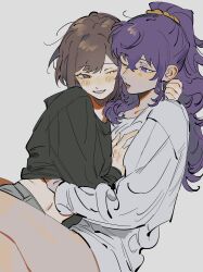 Rule 34 | 2girls, akmizuk, asahina mafuyu, between legs, black shirt, blush, brown eyes, brown hair, clothes lift, commentary, commission, english commentary, grey background, grey shirt, hand under clothes, hand under shirt, highres, long hair, midriff, multiple girls, one eye closed, parted lips, ponytail, project sekai, purple eyes, purple hair, second-party source, shinonome ena, shirt, shirt lift, simple background, smile, yuri